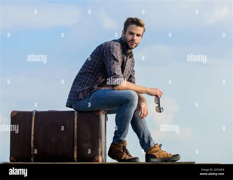 Business Trip Handsome Guy Traveler Guy Outdoors With Vintage