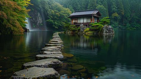 Lake Stone Path To A Traditional Japanese Style House