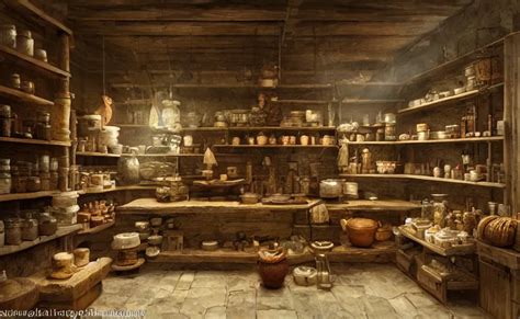 An Herbalist Shop A Wood Counter And Cabinets In The Stable Diffusion