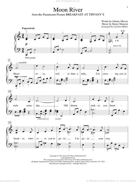 Mancini Moon River Sheet Music For Piano Solo Elementary