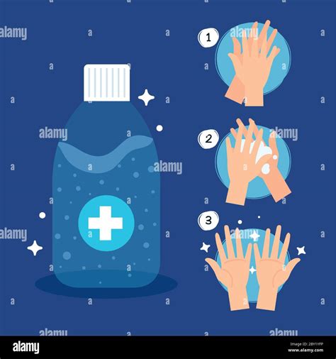 Hands Sanitizer Bottle And Hands Washing Steps Vector Design Stock