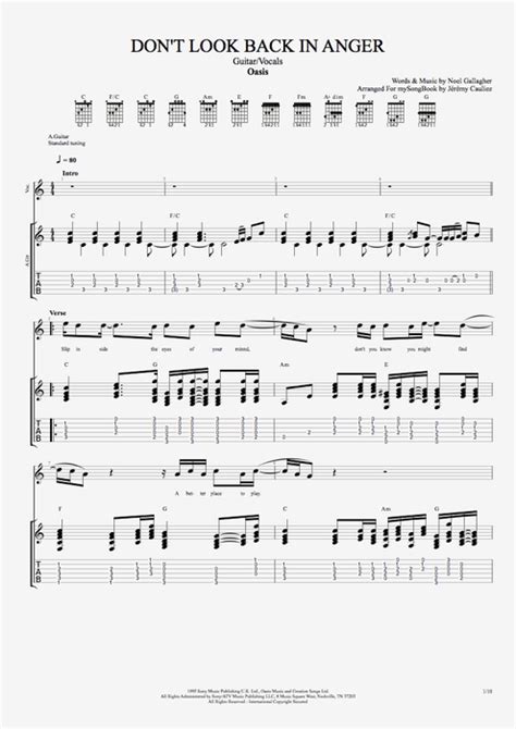 Don T Look Back In Anger By Oasis Guitar And Vocals Guitar Pro Tab