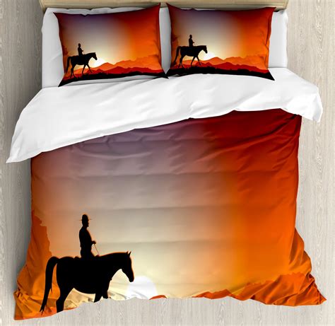 Western Duvet Cover Set, Silhouette of a Cowboy on a Horse Passing by ...