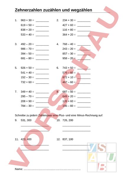 Arbeitsblatt Rechnen Mit Zehnerzahlen Mathematik Addition