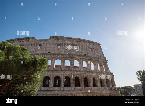 Exterior Panorama Of The Roman Colosseum On A Sunny Day In Rome Italy