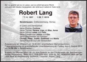 Traueranzeigen Von Robert Lang Mittelbayerische Trauer