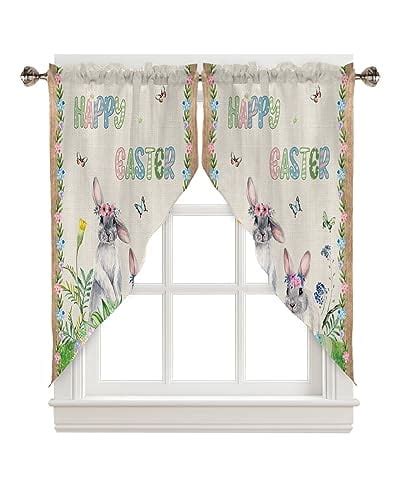 Easter Swag Valance Curtains Rabbit Colorful Eggs Green Buffalo Plaid