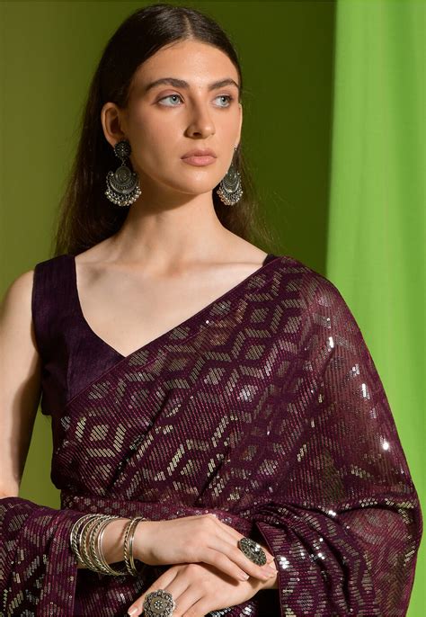 Buy Sequinned Georgette Saree In Wine Online SPF8901 Utsav Fashion