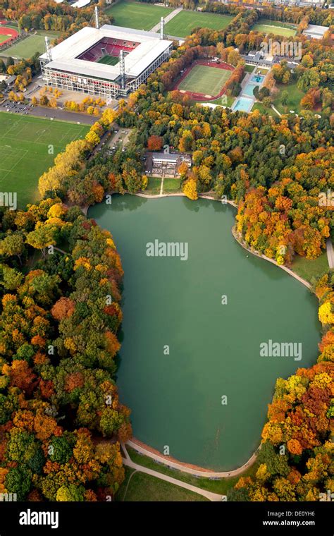 Aerial view, RheinEnergieStadion stadium and Adenauerweiher lake ...