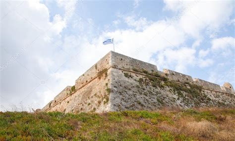 Bandera Griega En La Fortezza Veneciana O Ciudadela En Rethymno Cret