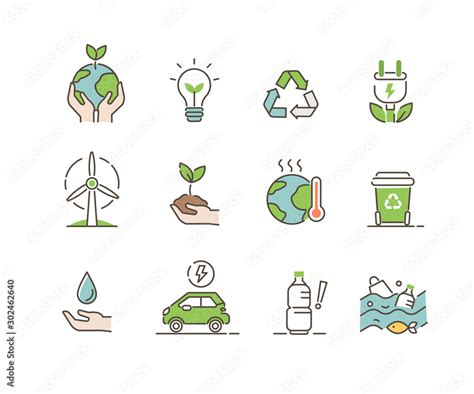 Ecology Icons Set Global Warming Climate Change Plastic Pollution