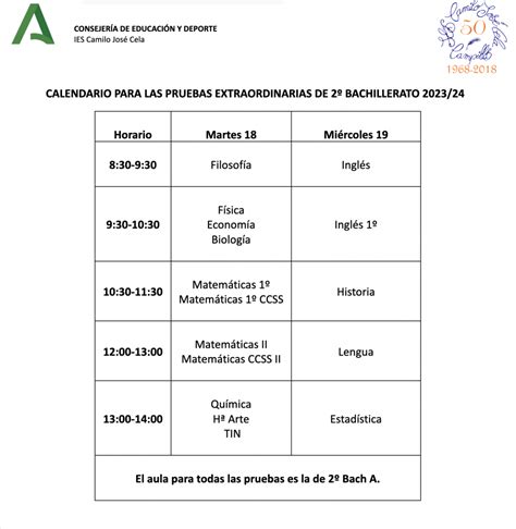 CALENDARIO DE PRUEBAS EXTRAORDINARIAS 2º BACHILLERATO CURSO 2023 24