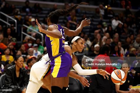 A'ja Wilson of the Las Vegas Aces passes the ball against Chiney ...