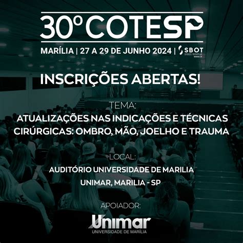 Inscrições abertas para o 30º COTESP da SBOT SP SBOT Regional São Paulo