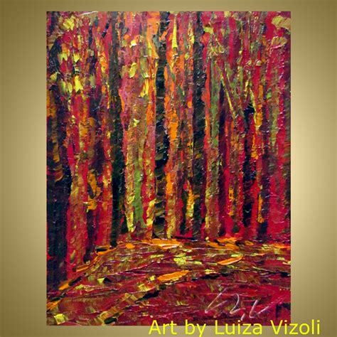 Original Oil Painting BURGUNDY TREES Fall Autumn Landscape by