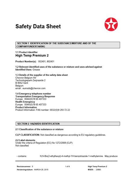 Sds High Temp Premium 2 Pdf Personal Protective Equipment Toxicity