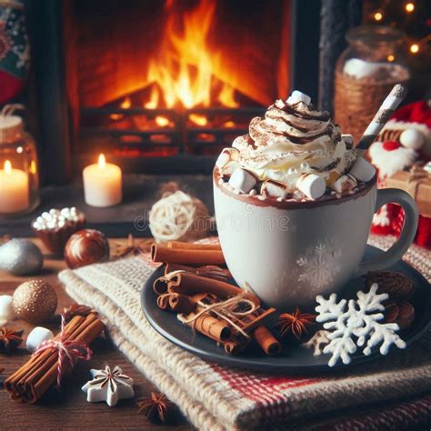 A Cozy Christmas Scene With A Hot Chocolate Drink Marshmallows And A