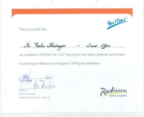 Carlson Certification For Attendance To Training Radisson Goal Of