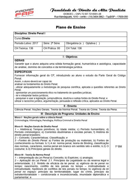 Plano De Ensino Direito Penal I Pdf Crimes Crime E Violência