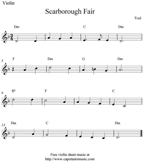 Easy Sheet Music For Beginners: Scarborough Fair, free violin sheet ...