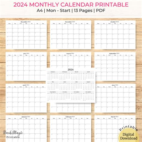 12 Month 2024 Calendar Printable Minimal Calendar Fridge - Etsy