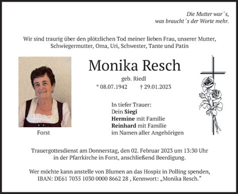 Traueranzeigen Von Monika Resch Trauer Merkur De