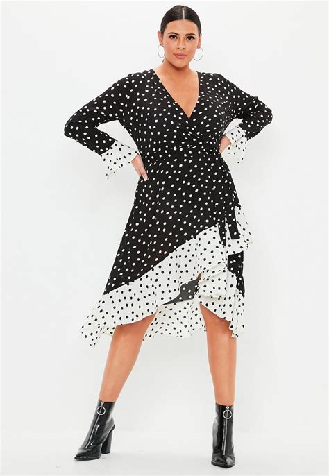 Plus Size Black Polka Dot Ruffle Wrap Dress Missguided Midi Dress