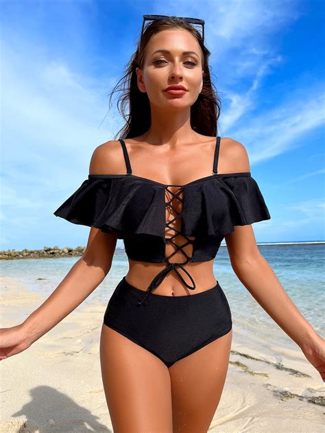 Shein Swim Chicsea Lace Up Front Ruffle Trim Bikini Swimsuit Shein Usa