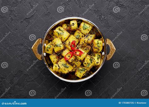 Aloo Methi In Copper Kadai Bowl At Dark Slate Background Aloo Methi