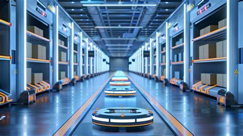 Photorealistic Image Of A Futuristic Warehouse With Automated Robots