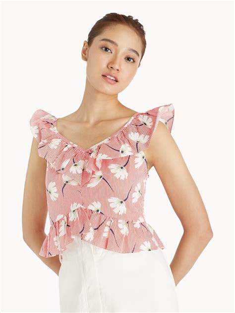 Floral Ruffled Top Red Pomelo Fashion