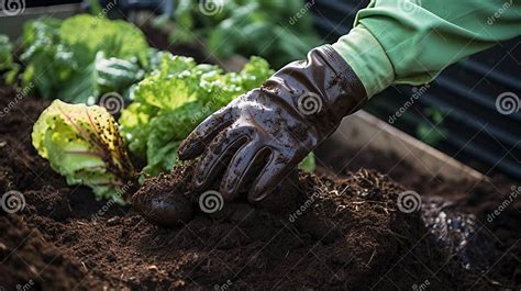 Person Composting Food Waste In Backyard Compost Bin Garden Stock Photo