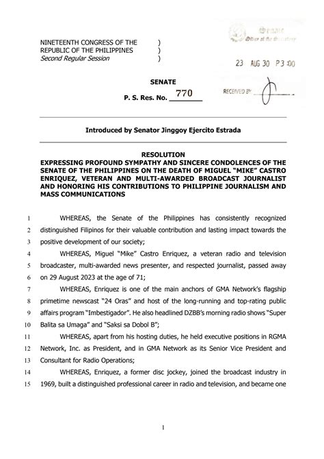 Jinggoy Files Resolution Honoring Multi Awarded Broadcast Journalist