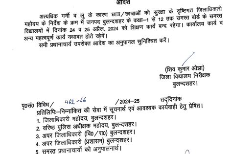 अत्यधिक गर्मी व लू के कारण छात्रछात्राओं की सुरक्षा के दृष्टिगत जिलाधिकारी महोदय के निर्देश के