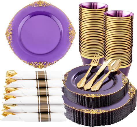 Amazon Fomoica Purple Silver Plastic Plates And Silverware