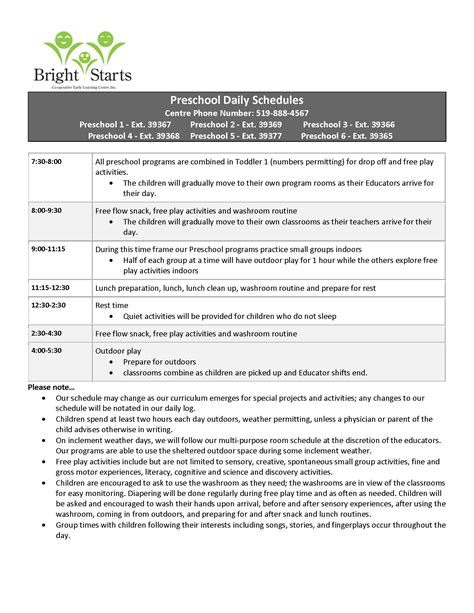 Schedules – Bright Starts Early Learning Centre