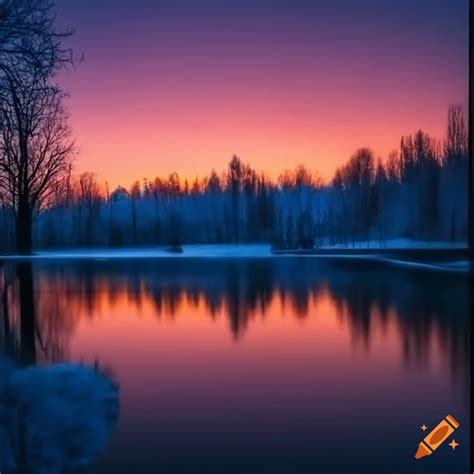 Dusk Landscape Of A Lake In December