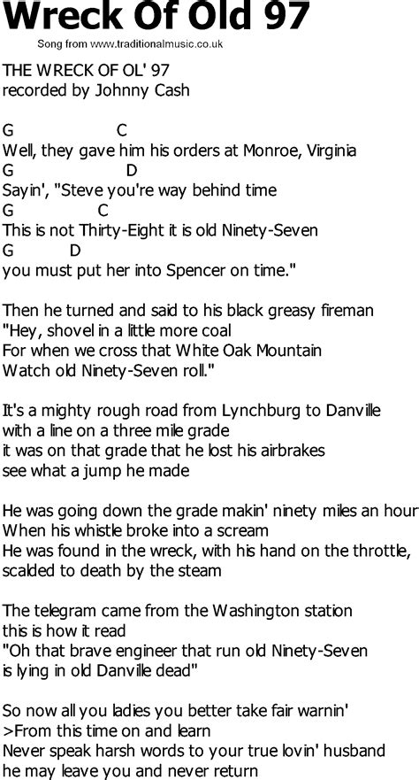 Old Country song lyrics with chords - Wreck Of Old 97