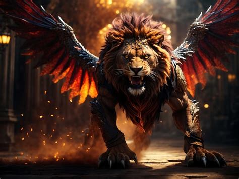 Premium AI Image A Fierce Lion With A Blazing Mane And Wings Of A