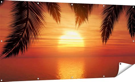 Gards Tuinposter Zonsondergang Op Het Strand Met Palmbomen 180x90 Cm