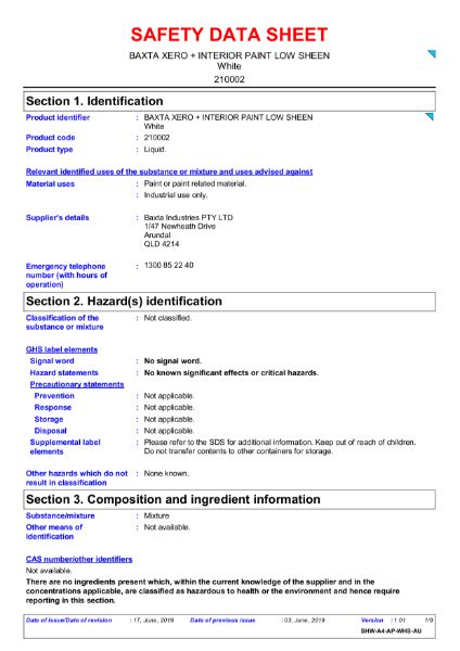 Baxta Xero Interior Paint Safety Data Sheet Baxta Industries Pty Ltd Nbs Source