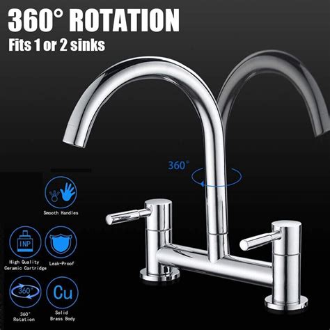 Modern Dual Lever Chrome Kitchen Sink Mixer Taps 2 Hole Deck Mounted