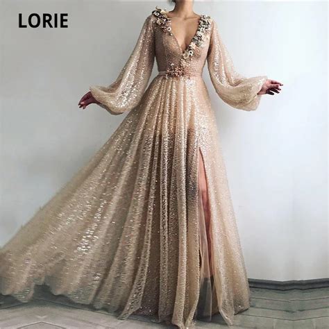 Lorie Bling Arabic Evening Dresses V Neck Champagne Beaded With Pearls