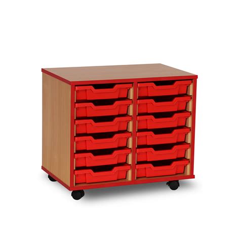 Monarch Mobile School Shallow Tray Storage Unit 12 Trays Beech Meq2w Red