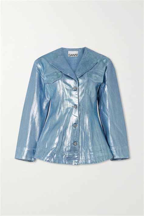 Ganni Metallic Coated Organic Denim Blazer Blue Editorialist