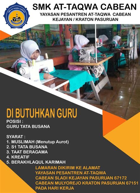 Lowongan Guru Tata Busana Smk At Taqwa Cabean Pasuruan Ika Um