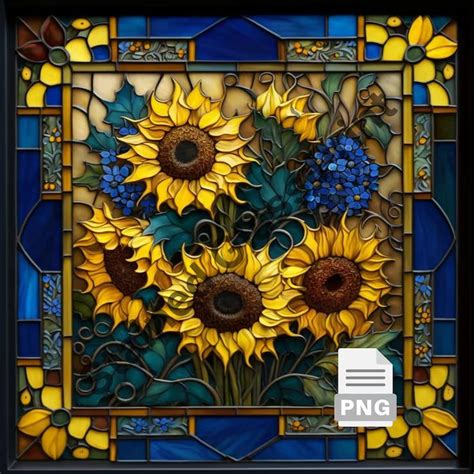 A Stained Glass Window With Sunflowers And Blue Flowers