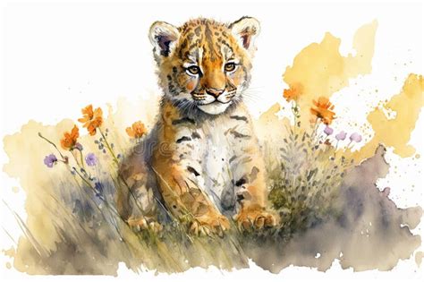 Watercolor Painting of a Cute Baby Tiger on a Blooming Meadow. Baby ...