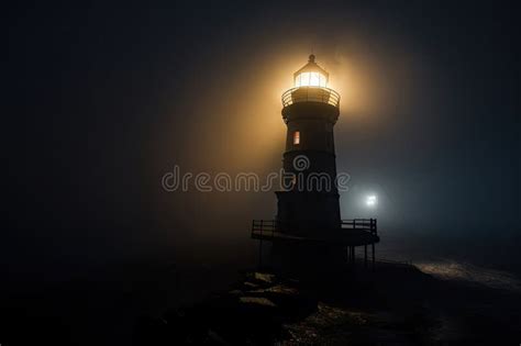 Lighthouse on a Foggy Night, with Beams of Light through the Mist Stock Illustration ...