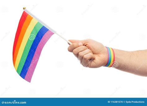 Hand With Gay Pride Rainbow Flag And Wristband Stock Photo Image Of